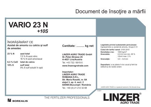 Document de Ã®nsoÅ£ire a mÄrfii VARIO 23N 10S - Linzer Agro Trade