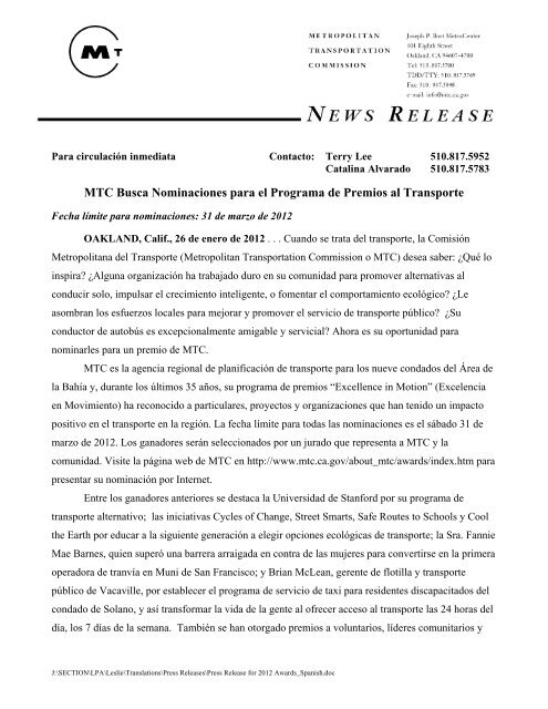 MTC Busca Nominaciones para el Programa de Premios al Transporte