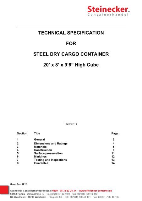 technical specification for steel dry cargo container 20 - Steinecker ...