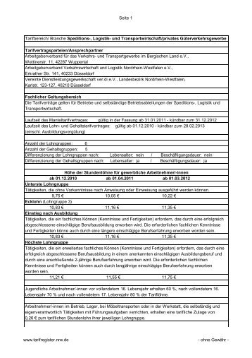 Seite 1 Tarifbereich/ Branche Speditions-, Logistik - Tarifregister NRW