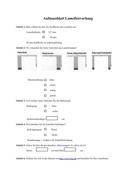 Aufmassblatt Lamellenvorhang