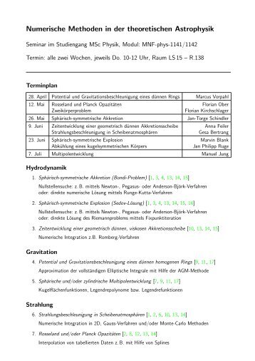Vortragsthemen, Literaturliste und Terminplan - Astrophysik Kiel