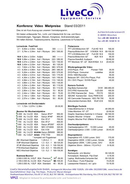 kompakte Preisliste - KONFERENZ Ton / Video - LiveCo ...