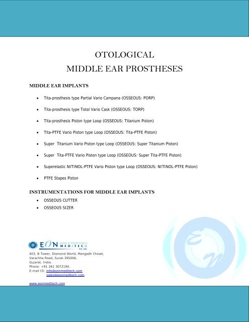 OTOLOGICAL MIDDLE EAR PROSTHESES - EON Meditech Pvt Ltd