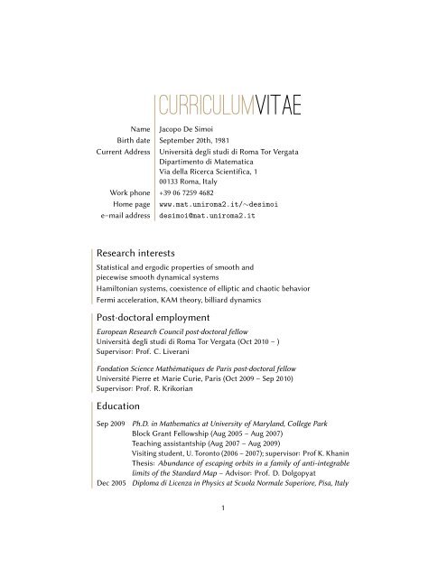 Jacopo De Simoi - Dipartimento di Matematica - Università degli ...