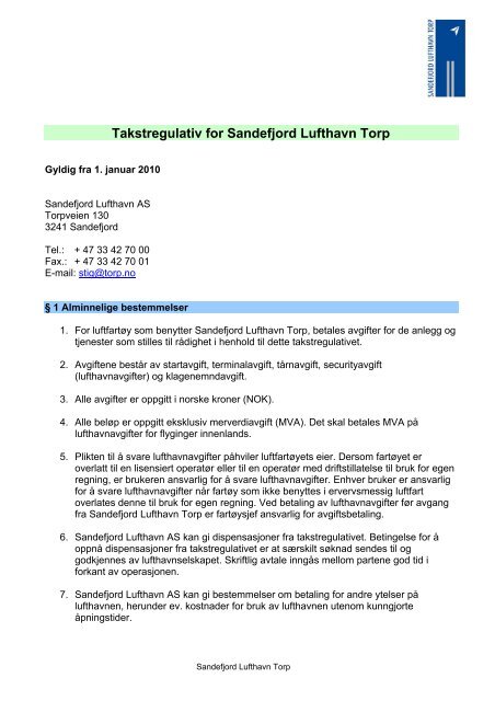 Takstregulativ for Sandefjord Lufthavn Torp