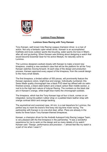 Luminox Press Release Luminox Goes Racing with Tony Kanaan ...