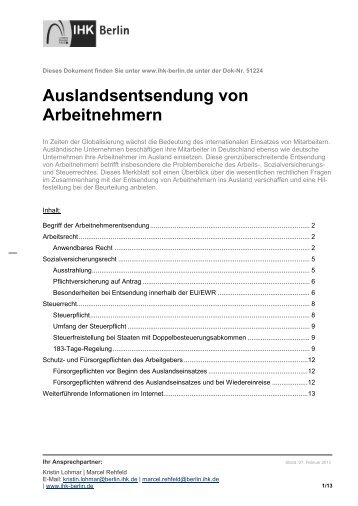 Merkblatt Auslandsentsendung von Arbeitnehmern - IHK Berlin