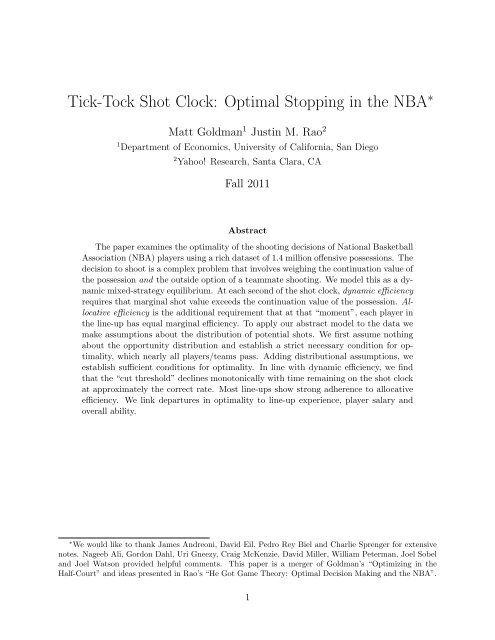 Tick-Tock Shot Clock: Optimal Stopping in the NBA - UC San Diego ...