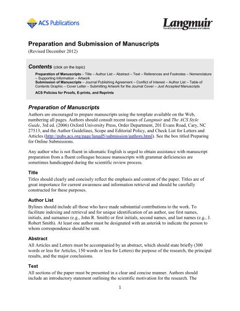 Preparation and Submission of Manuscripts - ACS Publications