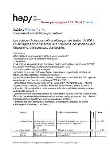 Prismes 1 à 14. Classement alphabétique par auteurs ... - HEP Vaud