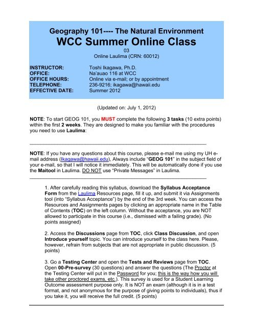 GEOG 101 (Online) Syllabus (Summer 2012) - Windward ...