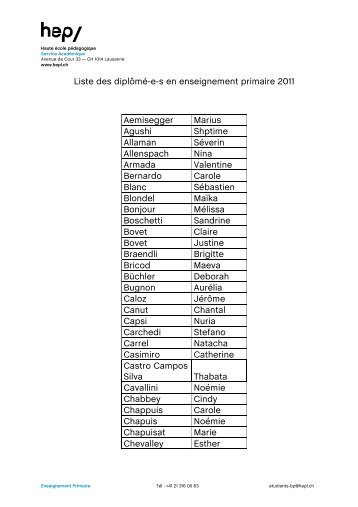 Liste des diplômé-e-s en enseignement primaire 2011 Aemisegger ...