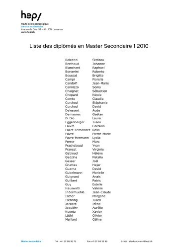 Liste des diplômés et diplômées pour le secondaire