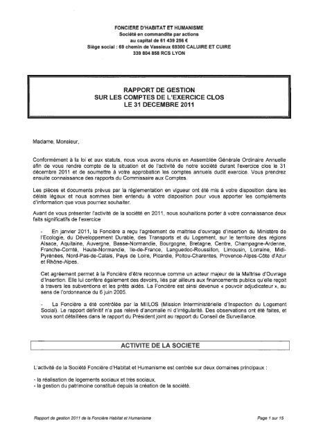 Rapport de gestion de la gérance - Habitat & Humanisme