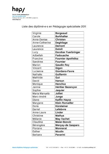 Liste des diplômés et diplômées pour la pédagogie