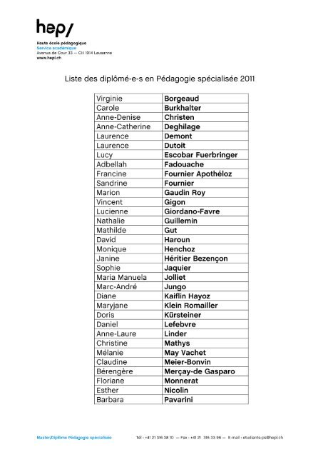 Liste des diplômés et diplômées pour la pédagogie