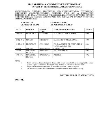 tit,ymca,uiet old date sheet dec.2012 - Maharshi Dayanand ...