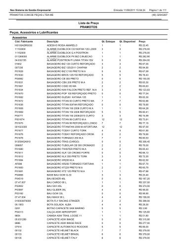 Lista de Preço PRAMOTOS Peças, Acessórios e Lubrificantes