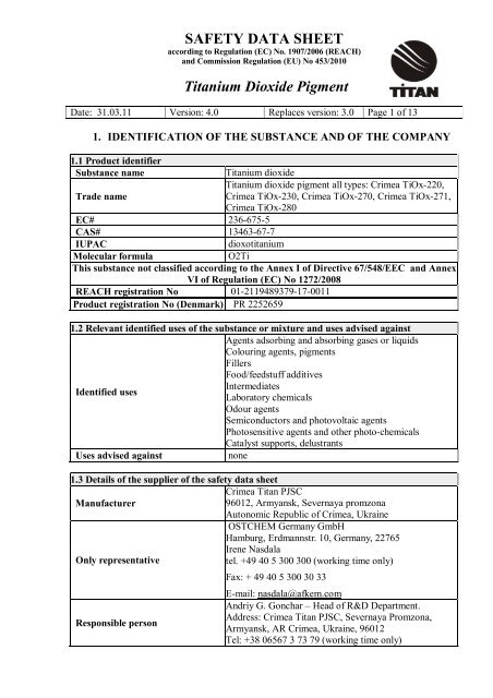 SAFETY DATA SHEET Titanium Dioxide Pigment - Crimea Titan PJSC