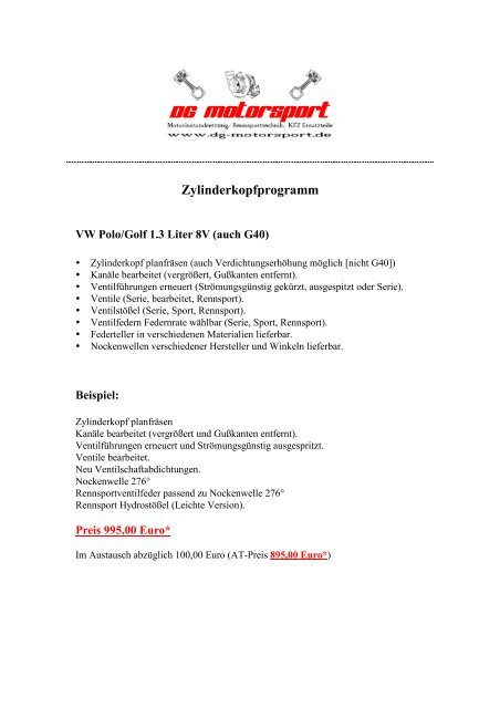 Zylinderkopfprogramm - DG Motorsport
