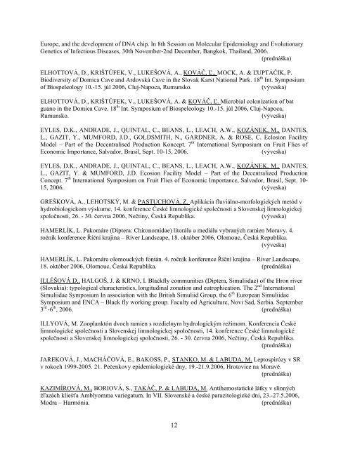Research output & citations 2006 - Ústav zoológie - SAV