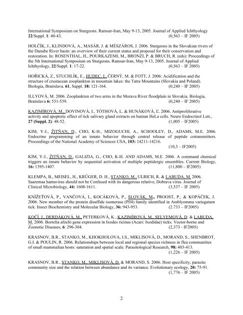 Research output & citations 2006 - Ústav zoológie - SAV