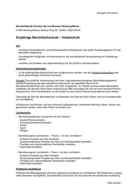 Einjährige Berufsfachschule – Holztechnik - BBS-Nienburg