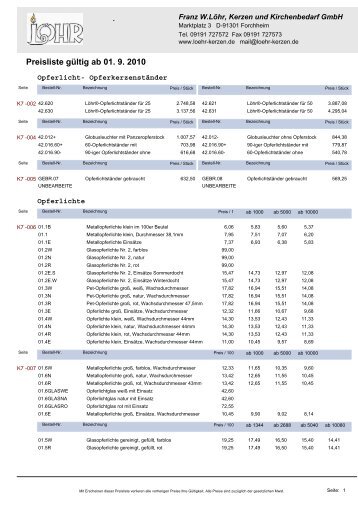 Preisliste gültig ab 01. 9. 2010 - Franz W. Loehr, Kerzen ...