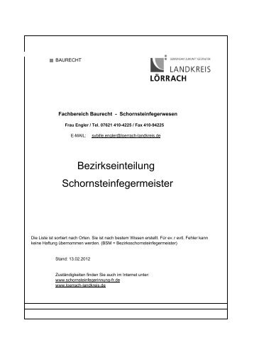 Bezirkseinteilung Schornsteinfegermeister - Landkreis LÃ¶rrach