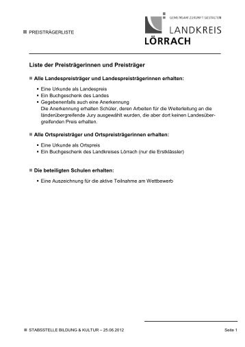Liste der Preisträgerinnen und Preisträger des ... - Landkreis Lörrach
