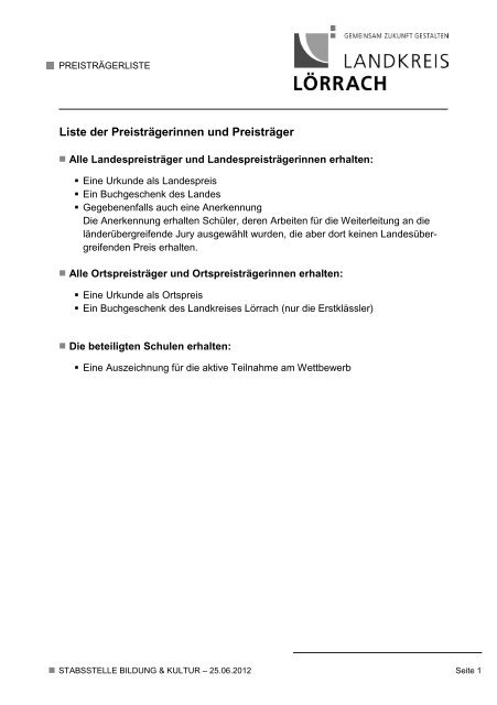 Liste der Preisträgerinnen und Preisträger des ... - Landkreis Lörrach