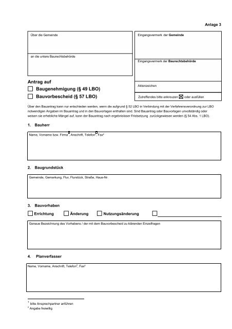 Antrag auf Baugenehmigung (§ 49 LBO) Bauvorbescheid Hausach