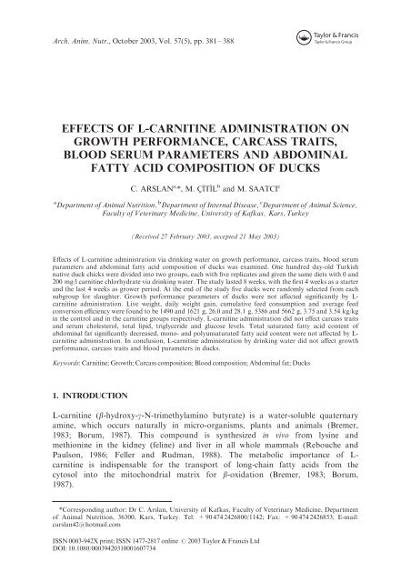 effects of l-carnitine administration on growth performance