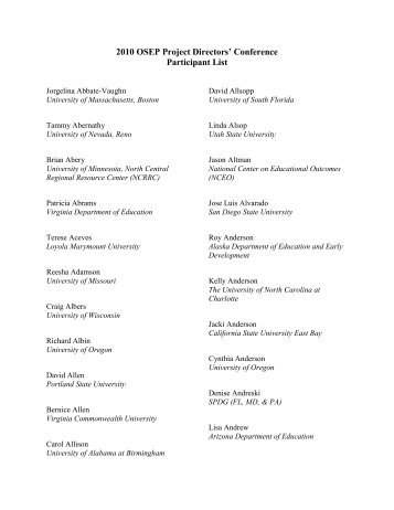 2010 OSEP Project Directors' Conference Participant List