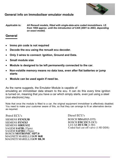 General General Info On Immoboliser Emulator Module