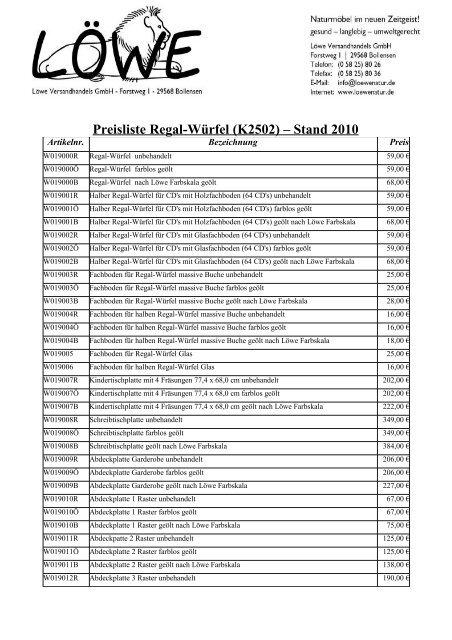 Preisliste Regal-Würfel (K2502) – Stand 2010