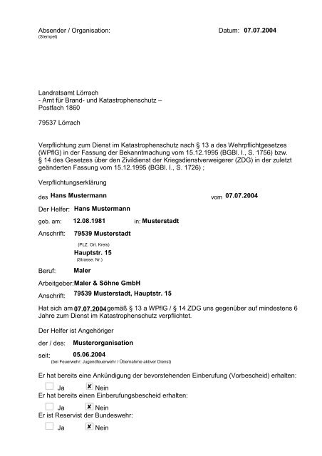 Muster für Verpflichtungsunterlagen zur ... - Landkreis Lörrach