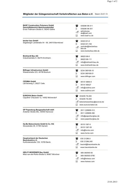 Mitgliederliste - Gütegemeinschaft Verkehrsflächen Aus Beton E.V.