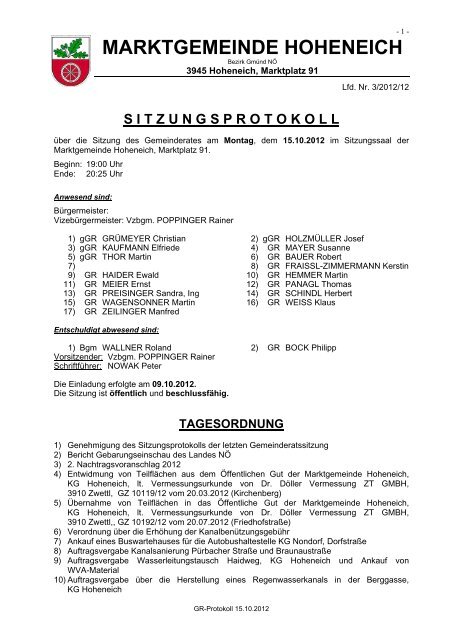 sitzungsprotokoll - Marktgemeinde Hoheneich