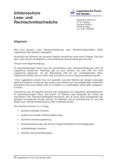 Infobroschüre Lese- und Rechtschreibschwäche - Logopädische ...