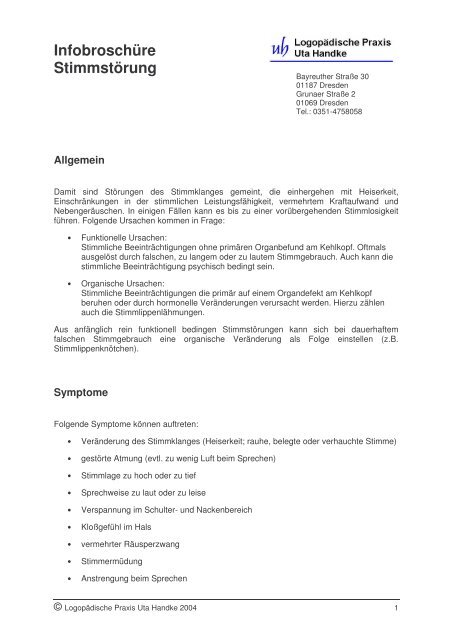 Infobroschüre Stimmstörung - Logopädische Praxis Uta Handke