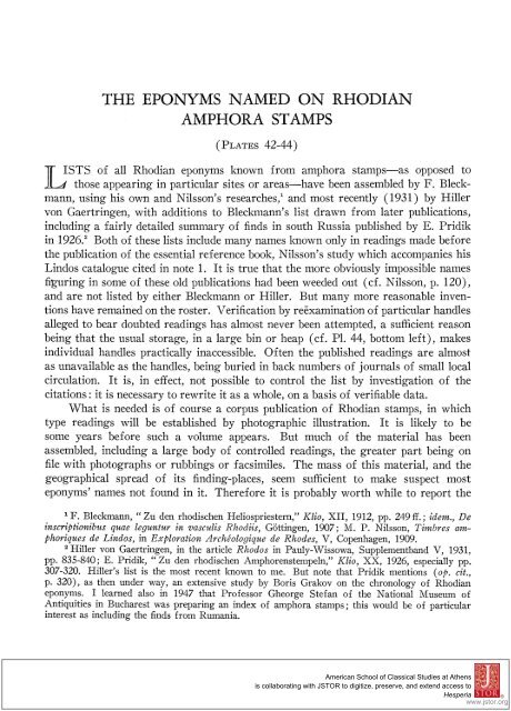 the eponyms named on rhodian amphora stamps - The American ...