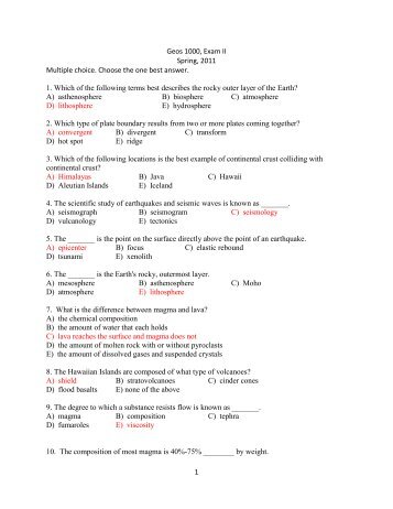 1 Geos 1000, Exam II Spring, 2011 Multiple choice. Choose the one ...