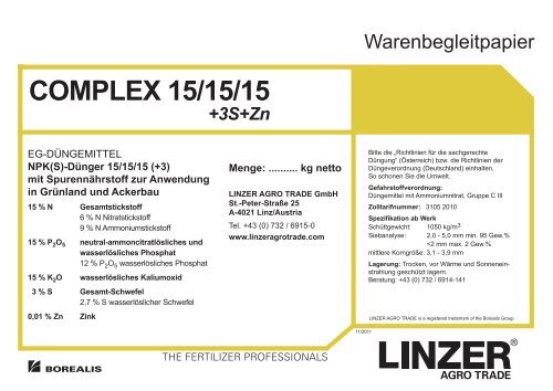 Warenbegleitpapier COMPLEX 15/15/15+3S+Zn - Linzer Agro Trade
