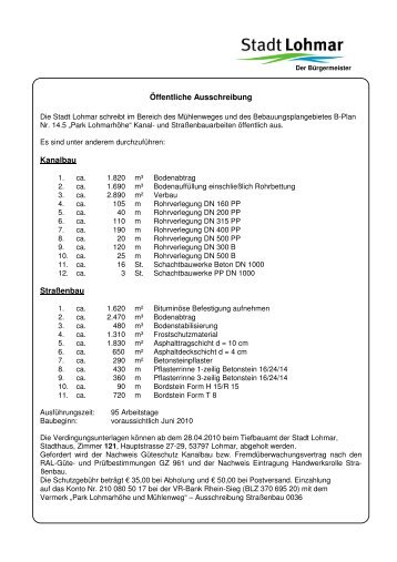 Öffentliche Ausschreibung Kanalbau Straßenbau - Stadt Lohmar