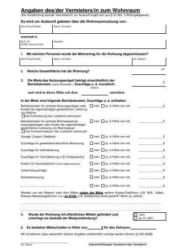 Anlage Angaben des Vermieters zum Wohnraum (Mietbescheinigung)