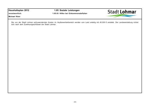 Entwurf Haushaltsplan 2012 - Stadt Lohmar