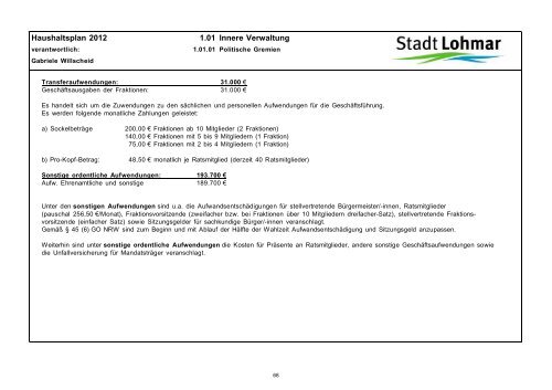 Entwurf Haushaltsplan 2012 - Stadt Lohmar