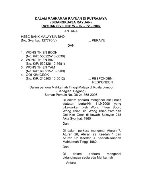 rayuan sivil no: w – 02 – 72 – 2007 antara hsbc bank malaysia bhd
